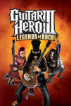 Guitar Hero III:n kansikuva, jossa näkyy pelin logo yläosassa ja sen alapuolella useita erilaisia rokkimuusikkoja, kuten KISSin kitaristi.