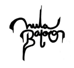 Valkoista taustaa mustalla värillä maalattu Hulabaloo-logo, jossa "hula" yläosassa ja sen alla "Baloo". Logon kirjaimet vapaalla kädellä tuherrettuja.