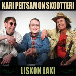 Kari Peitsamon Skootteri -yhtyeen "Liskon laki" –albumin kansikuva, jossa näkyy valokuva kolmesta hilpeästä veikosta, jotka istuvat vaaleata taustaa vasten vieretysten. Yläosassa ja alaosassa mustapohjaista taustaa vasten bändin ja albumin nimi.