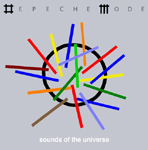 Depeche Moden albumista "Sounds of the Universe" kansikuva. Kuvassa vaaleanharmaata taustaa vastaen ympyrä, jossa ringissä läjä värikkäitä viivoja. Viivat ovat keltaisia, sinisiä, punaisia, ruskeita ja oransseja. Yhtyeen logo kuvan yläosassa. Albumin nimi