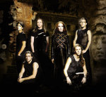 A dark portrait of Epica's line-up, which consists of five men and one woman. They're all dressed basically in black.