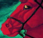 Albumin "Bathing ov the Leather Horse" kannessa maalaus punaisesta hevosesta, jolla suitset ja kellertävä silmä. Hevosen taustalla on maalauksessa vihertävää ja sinertävää väriä.