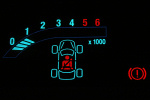 Mustaa taustaa vasten näkyviä kuvioita ja symboleita kirkkaansinisellä ja -punaisella värillä. Keskellä kuvaa näkyy auto, jonka sisällä on matkustajan hahmo turvavöiden kanssa kiinnitettynä. Vasemmassa yläkulmassa on mittareita ja lukuja välillä 0–6