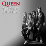 Queenin kokoelma-albumin "Absolute Greatest" kansikuvassa harmaasävyinen valokuva hevimuusikoista pukeuteina mustiin vaatteisiin. Vasemmassa yläkulmassa punaisella värillä bändin nimi, jonka alla valkoisella värillä kokoelman nimike.
