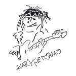 Kari Peitsamon albumin "Kari Peitsamo" etukannessa mustalla tussilla piirretty maalaus valkoista taustaa vasten. Maalauksessa näkyy rokkarimies, joka virnistelee ja soittaa kitaraa. Kuvan alaosassa lukee tikkukirjaimin miehen nimi.