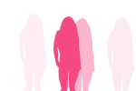 Lukuisia vaaleanpunaisia piirrosmaisia hahmoja valkoista taustaa vasten. Hahmot muistuttavat naisen siluettia.