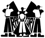 Raptorin logo valkoista taustaa vasten mustalla piirretyssä symboliryppäässä, jossa keskimmäisenä suuri säteilyvaaraa merkitsevä symboli. Sen ympärillä näkyy piirrettyjä tikku-ukkoja ja kuvan seassa lukee Raptorin nimi muotoilluin kirjaimin.
