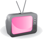 Piirretty televisio, jossa on kaksi sarvekasta antennia sen päällä. Kuvaruutu on vaaleanpunainen ja televisio väriltään harmahtava. Telkun alapuolella vaalea varjostus.